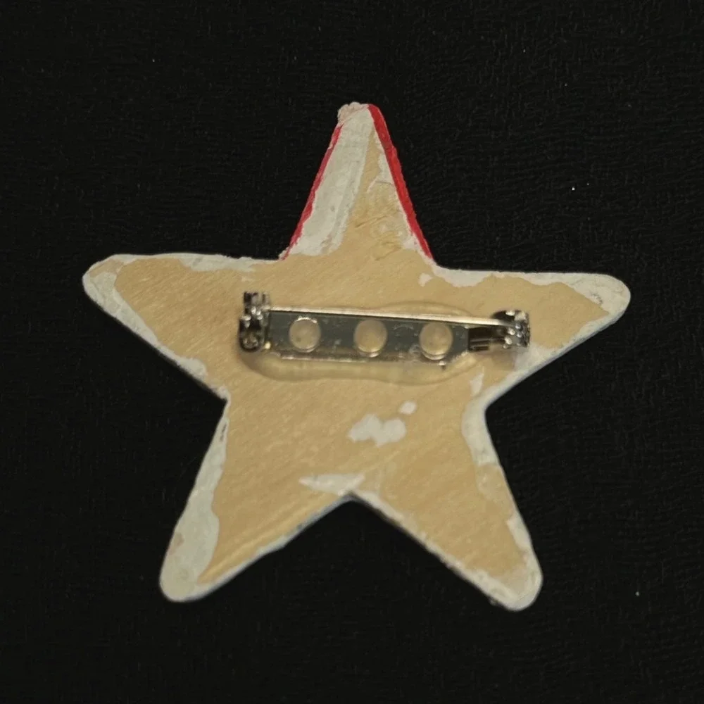 Primitive Wooden Santa Star Brooch Rustic Christmas Folk‎ Art Pin Holiday